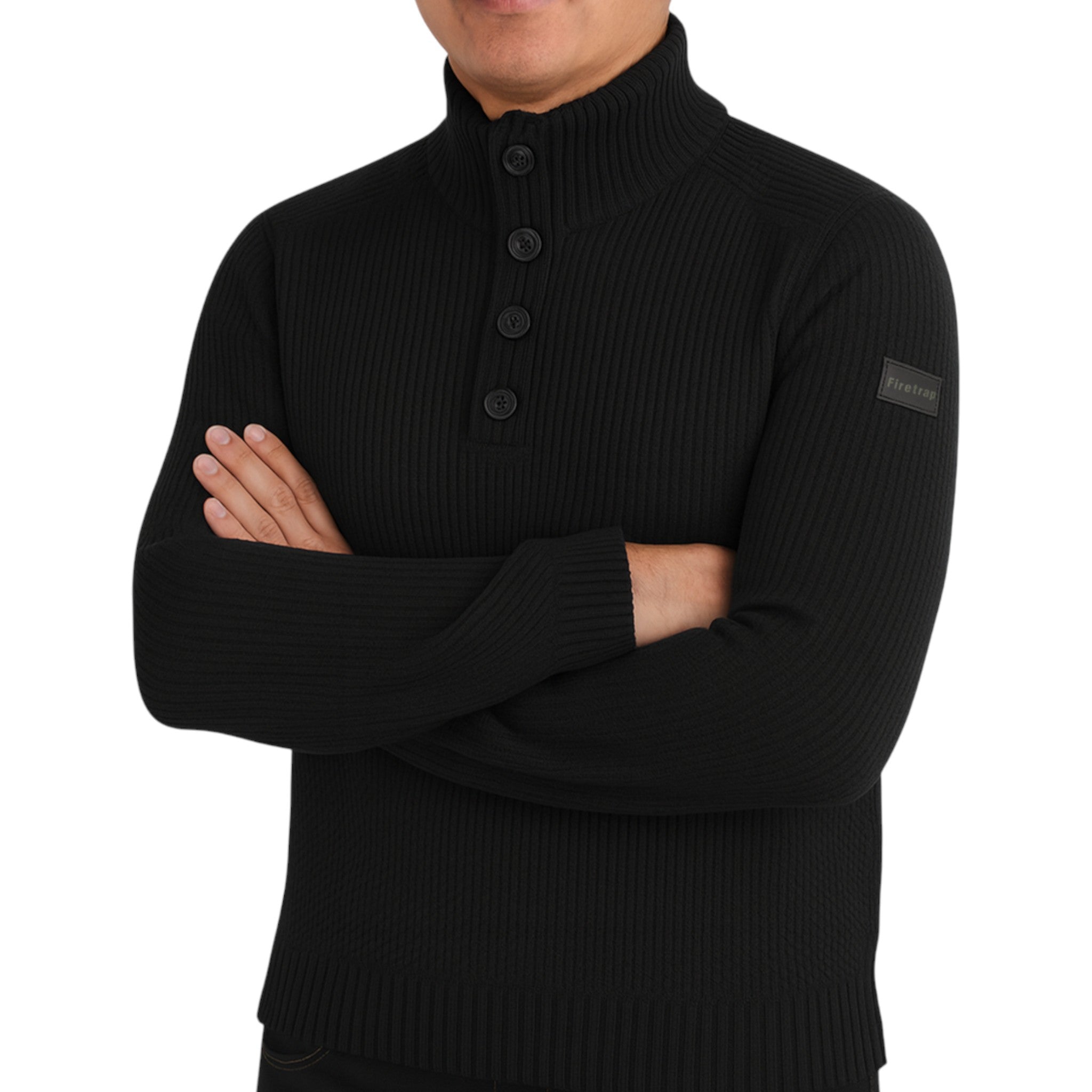 Firetrap men’s black funnel neck jumper with button placket – ex store knit pullover